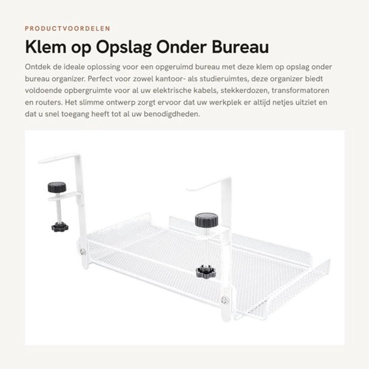 Klem op Opslag Onder Bureau Organizer - Kabelbeheer - Wit - Plank Mand - Draad Router Stroomstrip - Geschikt voor Kantoor en Studie - Mod...