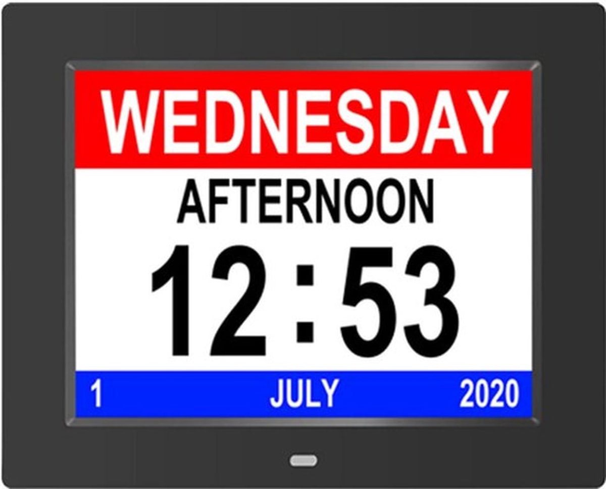 Zwarte 8-inch slimme elektronische klok met kalender en wekker voor senioren, met groot lettertype, digitaal fotolijstje en digitaal display.