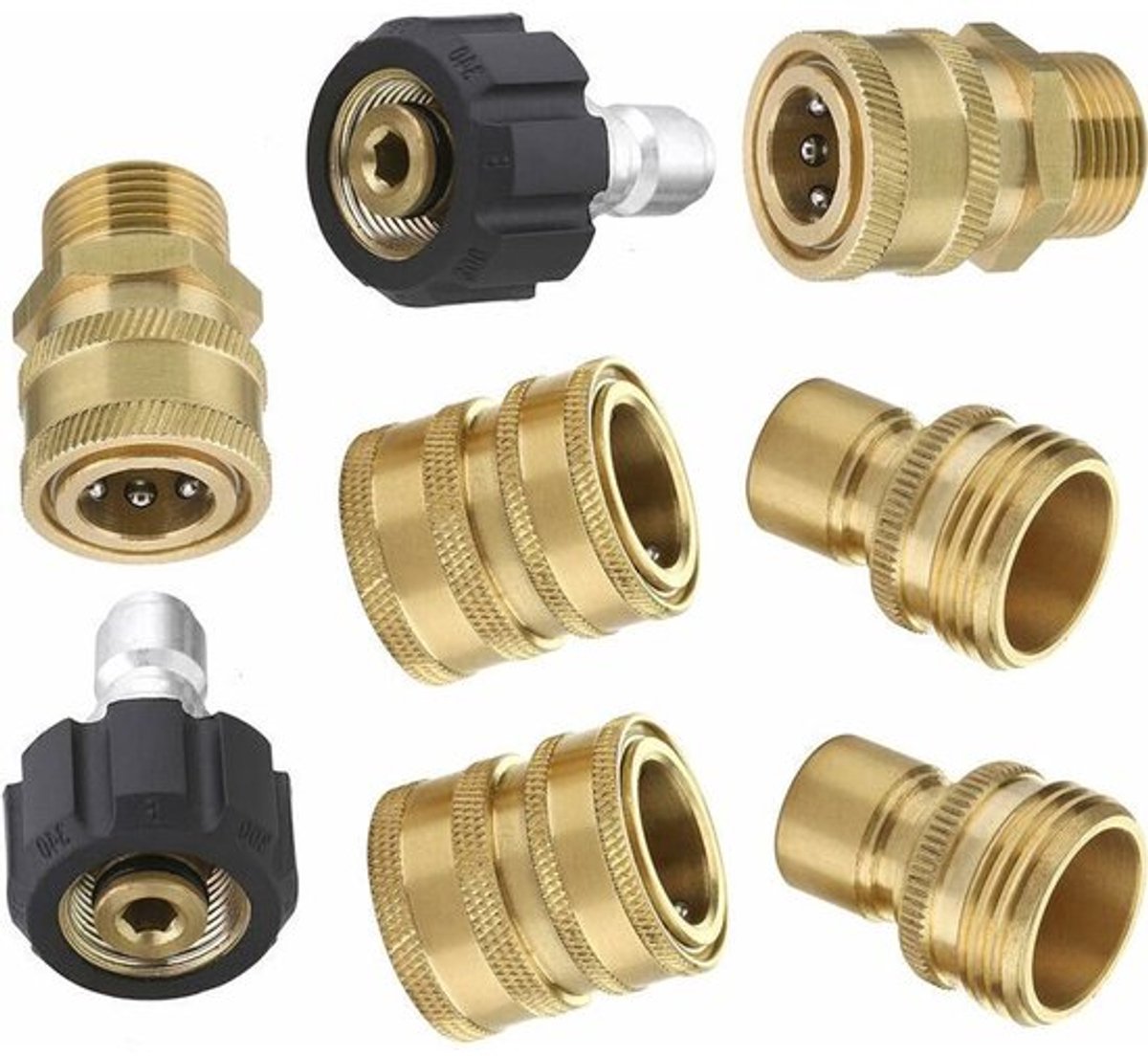 8-delige M22 roterende hogedrukreiniger adapterset met 3/8-inch snelkoppelingen en 3/4-inch snelontkoppelingen.