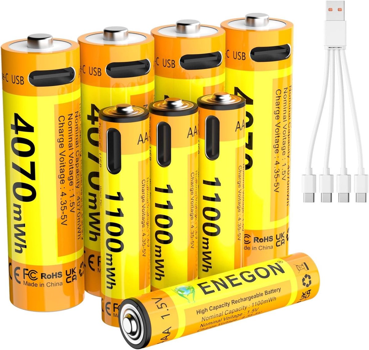Oplaadbare Lithium Batterijen AAA en AA met USB-C, 1100 mWh en 4070 mWh, Ideaal voor Afstandsbedieningen en Toestellen