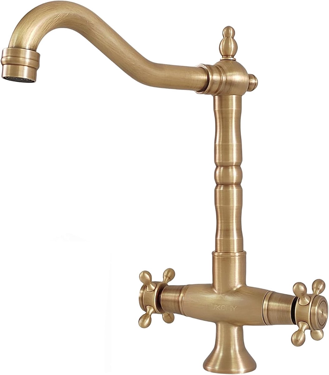 SnelShoppen - Antiek Messing Keukenkraan 360° Draaibaar, Retro Twee-Hands Mengkraan voor Wastafel en Badkamer, Hoge Wastafelkraan Brons met 19 cm Uitl