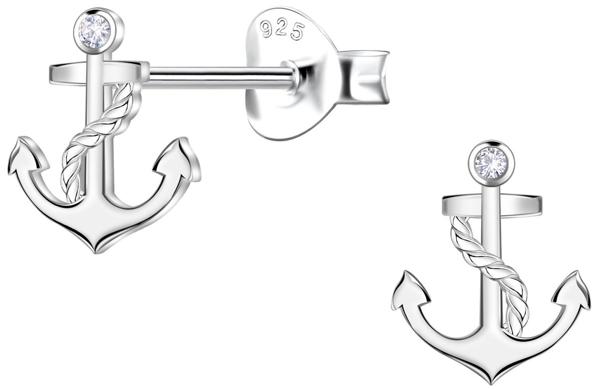 Joy|S - Zilveren anker oorbellen - 7 x 9 mm - zirkonia - egaal gepolijst - sterling zilver 925 - oorknoppen
