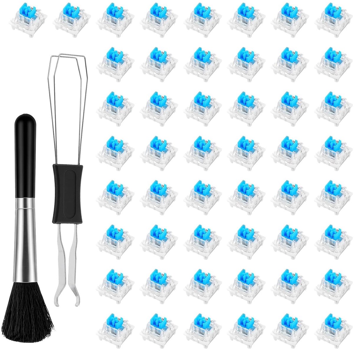 Keyboard Switches - Mechanische Toetsenbord Switches - Blauwe Switches (Blue) - Tactile Clicky 3-Pin - Hot-Swappable MX - met Switch Puller & Borstel - Set van 50