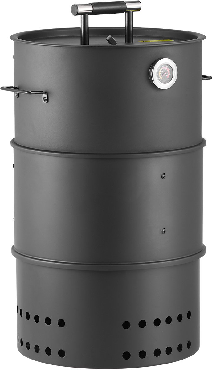 Rookoven, 470mm, Houtskoolbarbecue met Gecoat Stalen Vat, Voorzien van 2 Grillroosters, Ophangstang, 6 Haken en Thermometer, Perfect voor Tuinfeesten en Terrasgebruik
