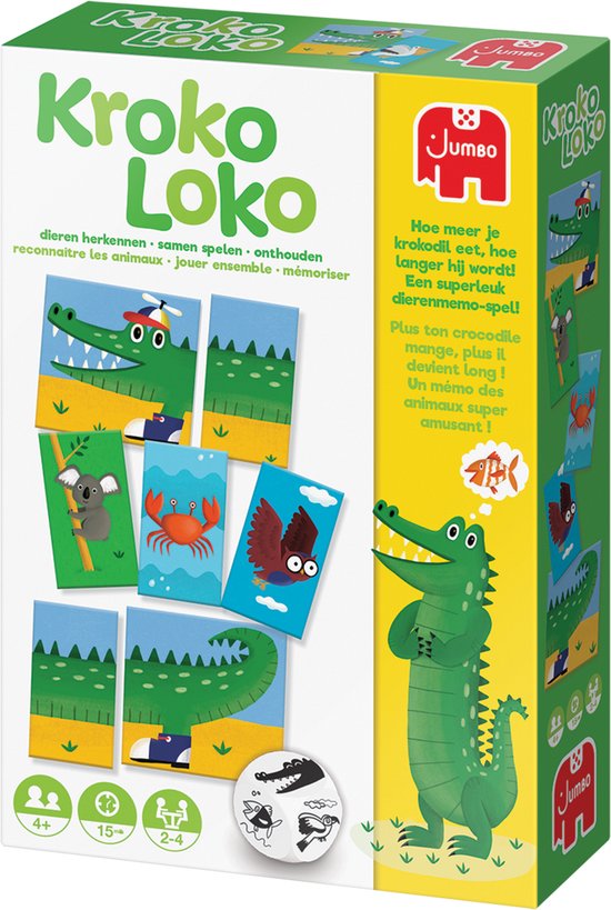 La face avant de la boîte du jeu Kroko Loko, avec un crocodile vert sur le côté. Le nom du jeu, 'Kroko Loko', est écrit en lettres vertes.