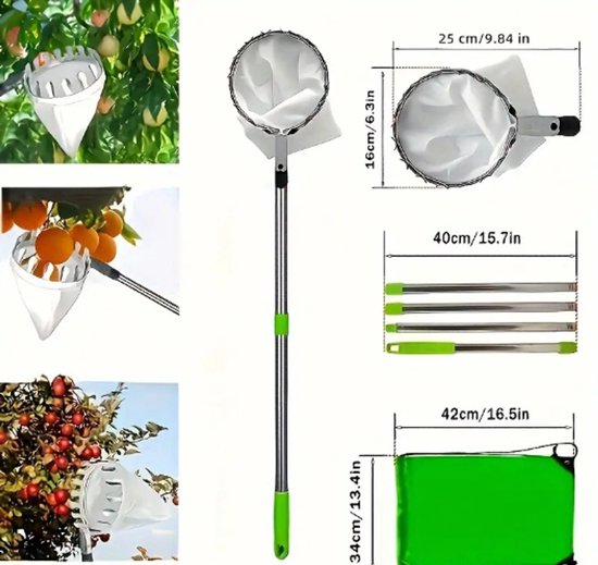 Fruitplukker - 2,8 meter - met katoenen zak - telescopisch - verstelbaar - geschikt voor moeilijk bereikbare plaatsen - groen — afbeelding 2