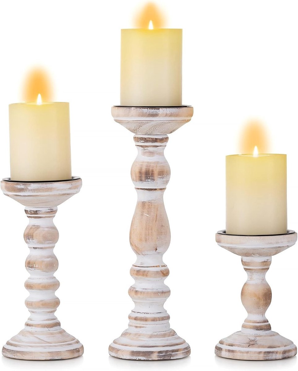 Rustieke Houten Kaarsenhouders voor Pilaar: Distressed Decoratieve Kaarsenstandaard voor Thuis, Feestjes en Open Haard (1, Verweerd Wit)