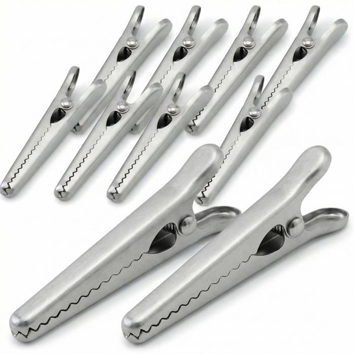 Verpakking met 10 voedselzakclips, twee maten: 8 cm en 11,5 cm, roestvrijstalen krokodillenclips Geschikt voor het afsluiten van voedselzakken, Geschikt voor gebruik op kantoor en thuis.