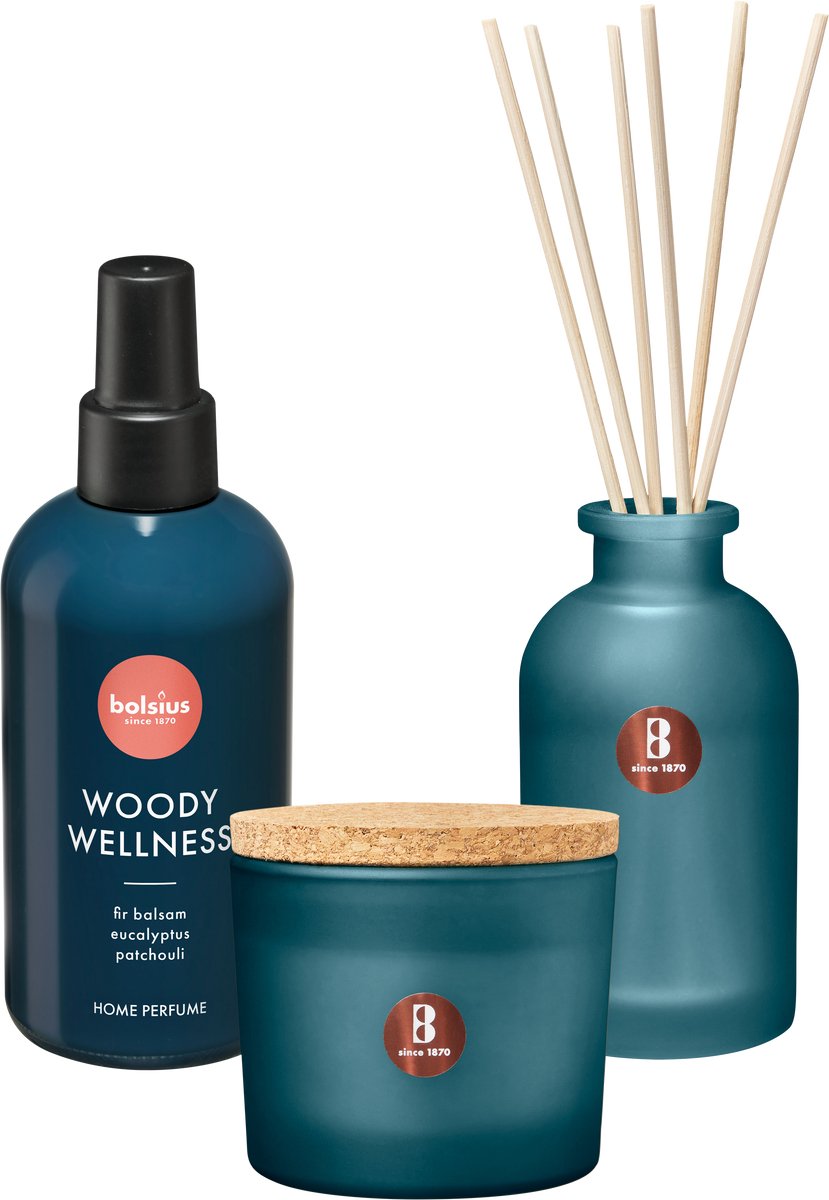 Bolsius - True Joy set - Geurkaars - Geurstokjes - Huisparfum - Woody Wellness
