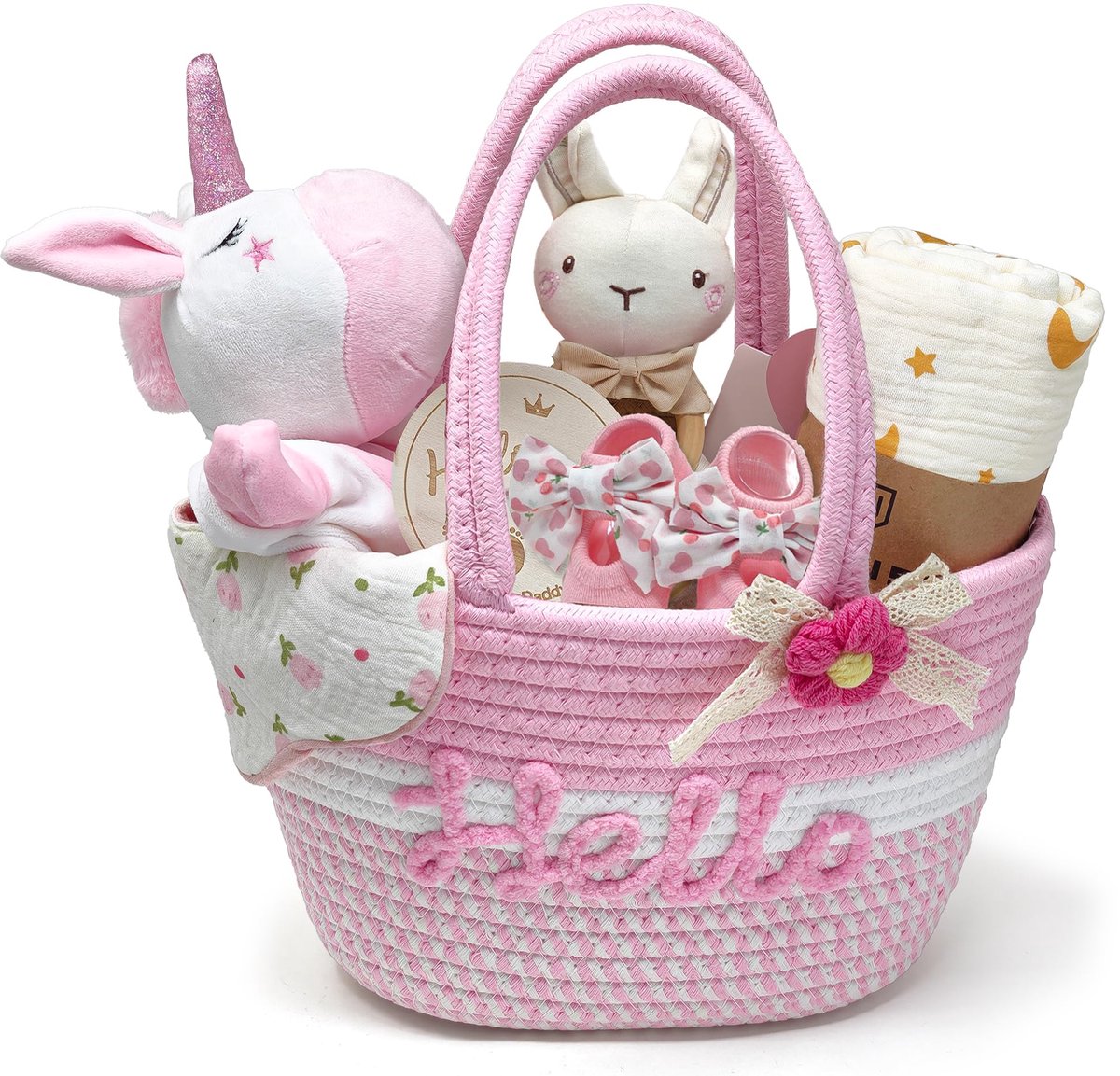 SnelShoppen - Cadeau voor Pasgeborenen met Geweven Tas, Zachte Handpop, Katoenen Mousseline, Houten Rammelaar, Slabbetje, Sokjes, Mijlpaalkaarten, Roz