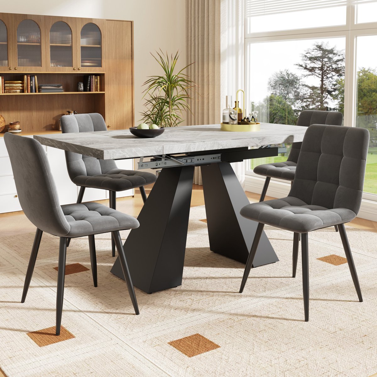MEUNIQ 5-delige uitschuifbare eettafelset voor 4 personen, 1 tafel en 4 stoelen, zwart-grijs, modern, voor eetkamer en keuken