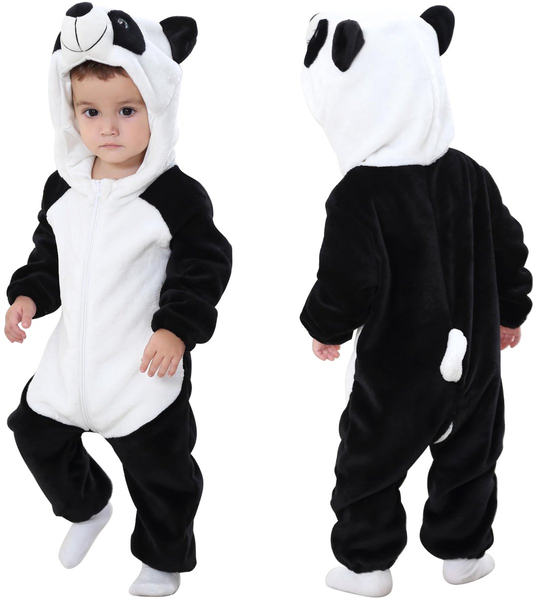 SnelShoppen - Baby Rompertjes met Capuchon Dieren Jumpsuit - Zachte Flanellen Winter Cosplay Pak voor Baby Meisjes en Jongens, 2-6 Maanden, Panda