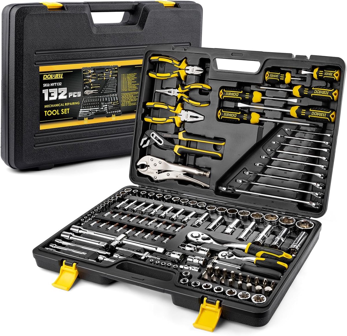 SnelShoppen - Gereedschapsset 132 stuks - Professionele handgereedschapsset voor auto, motor en garage - Complete all-in-one set met diverse stopconta