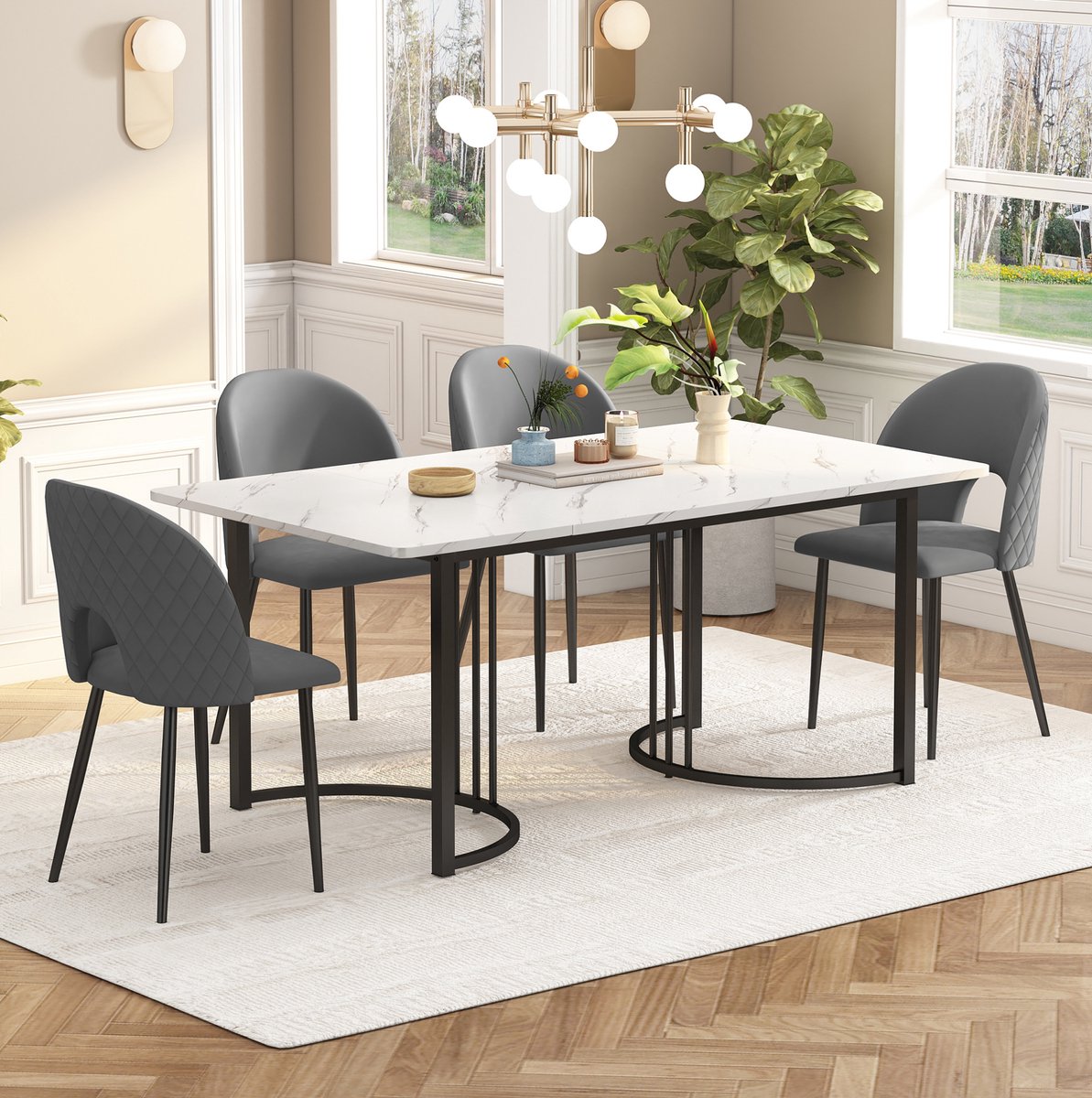 MEUNIQ Eetkamerset 140 x 80 cm – eettafel met 4 eetkamerstoelen, wit marmerlook tafelblad, grijze velours stoelen, verstelbare poten, modern voor eetkamer