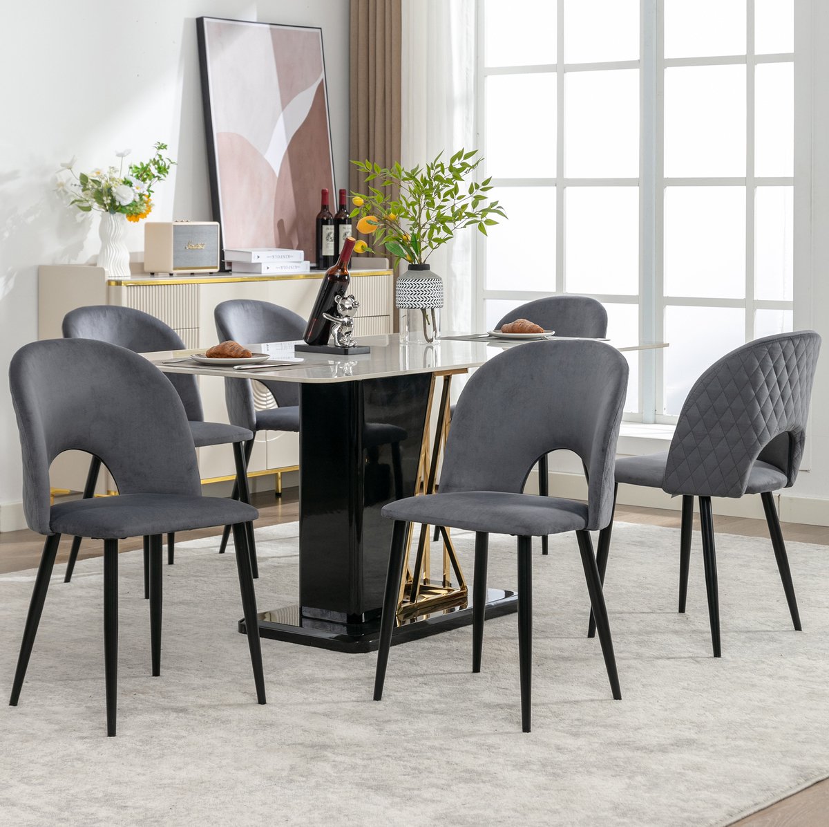 MEUNIQ eetkamerstoel set van 6 grijs velvet met metalen onderstel, opengewerkt rugdesign en verstelbare poten voor de eetkamer