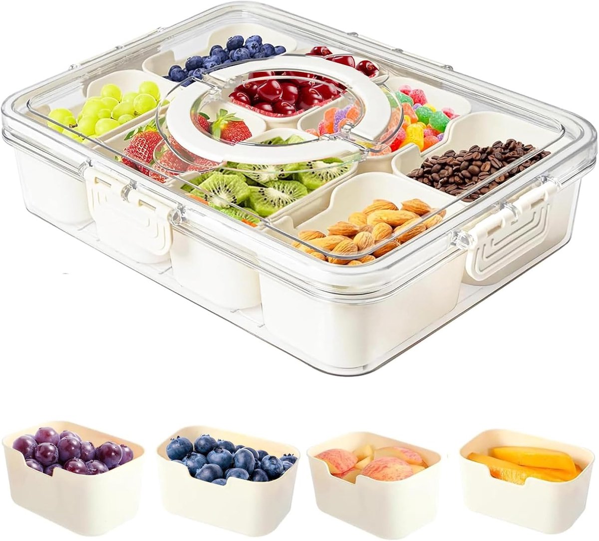 Afsluitbare bak – Bentobox – Draagbare koelbox-/koelkastorganizer – Plastic serveerbak met vakken - Met deksel en handvat - Snackbox - Draagbaar - 8 vakken - Voor snoep, fruit, snacks en noten - Geschikt voor feestjes - Wit - 30.5 × 23.5 × 6.5 cm