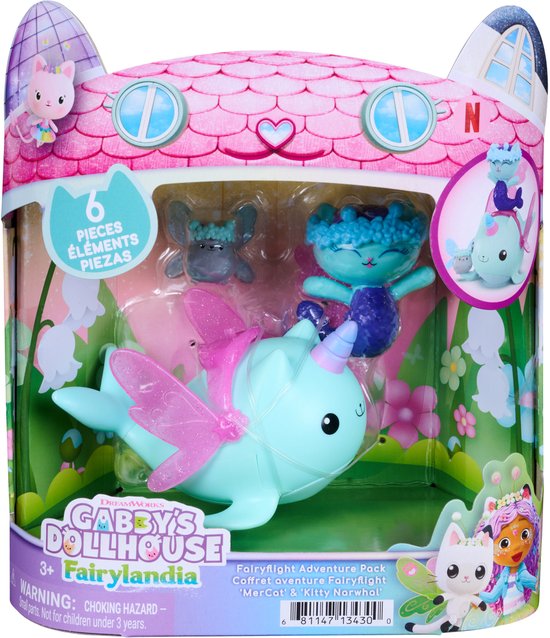 Gabby's Dollhouse Fairylandia speelset met een lichtblauwe Kitty Narwhal en MerCat figuurtje in katvormige verpakking.
