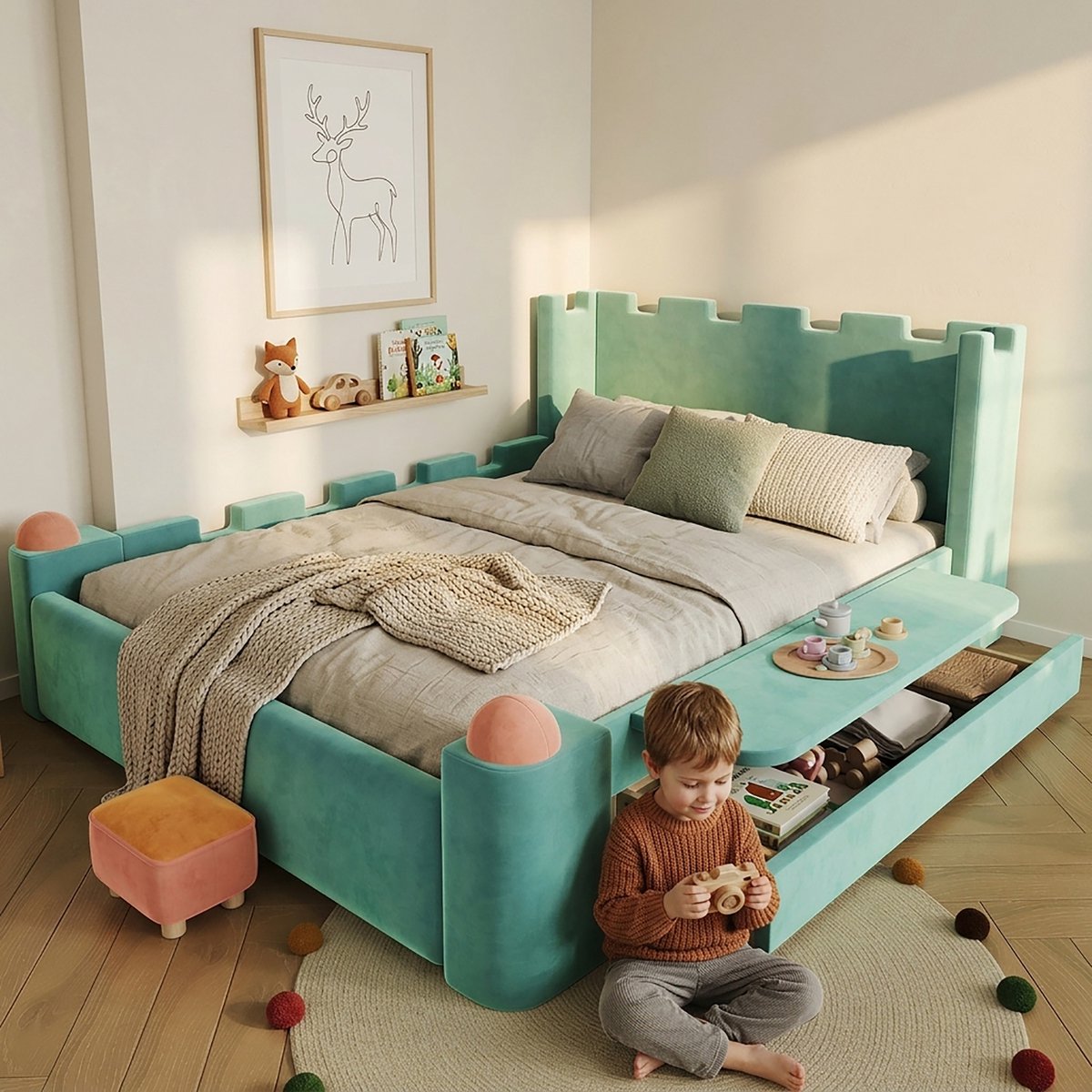 Kinderbed 140x200 cm - Gestoffeerd Bed Met Opberglade En Opklapbaar Zijrek Fluweel Groen