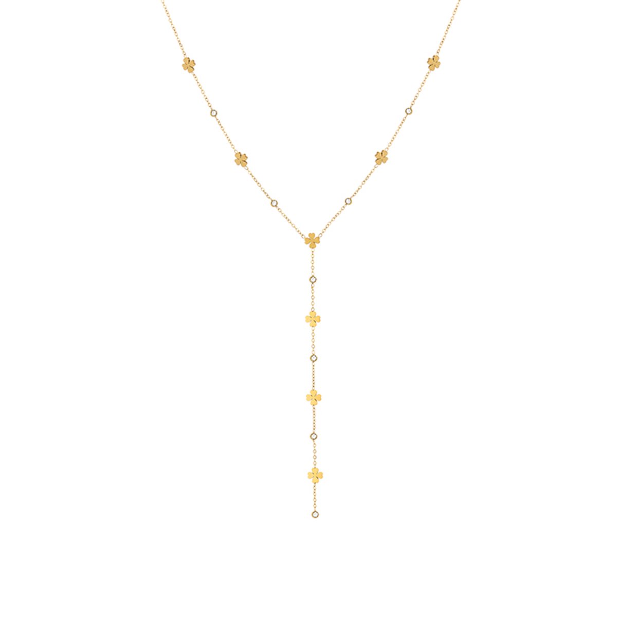 Modieuze Roestvrij Stalen Ketting - Y-Vormige Ketting met Geluksklavertjes en Sprankelende Steentjes - Stainless Steel Sieraad
