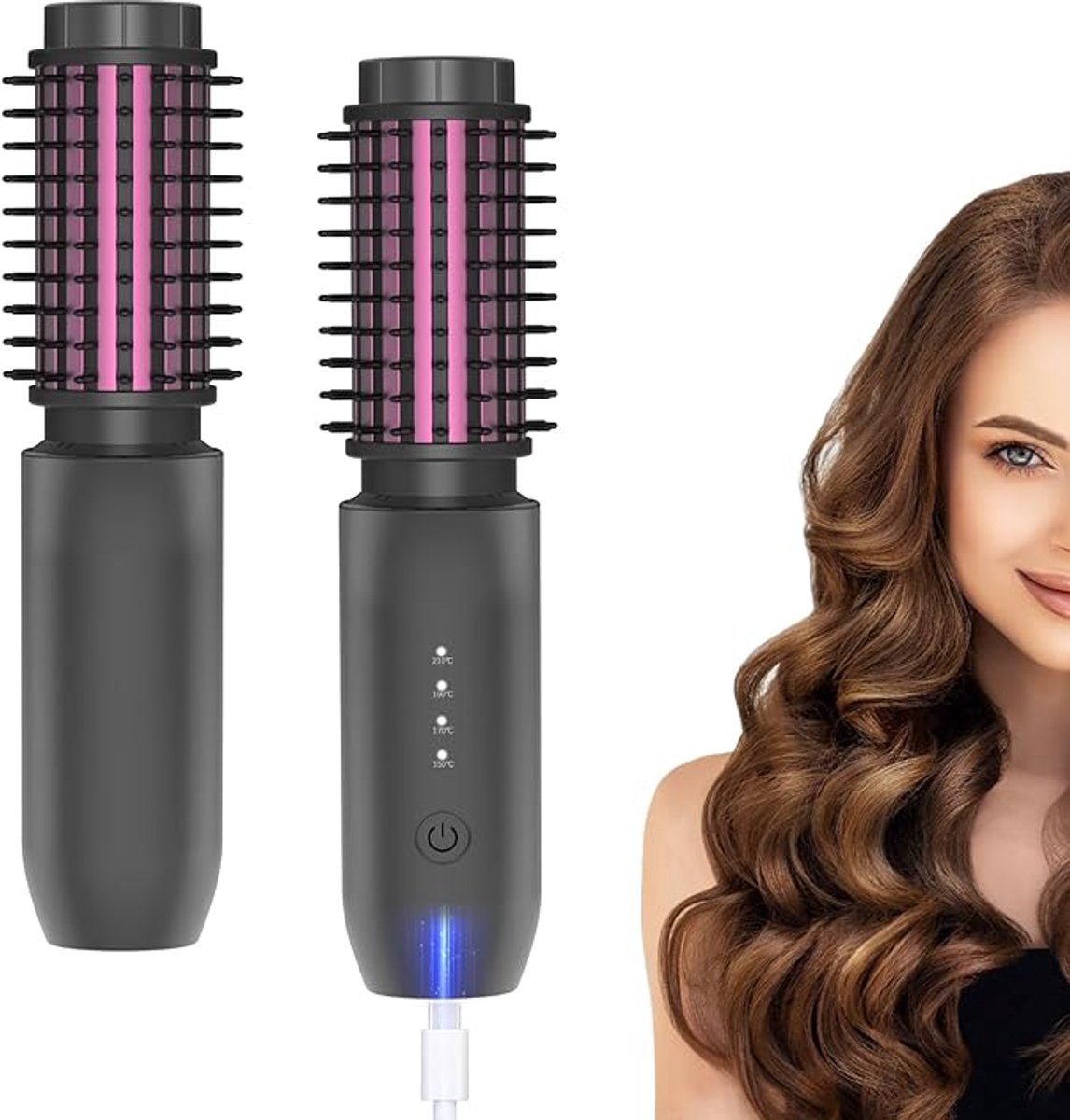 Draadloze krultangborstel, 2 in 1 draadloze haarcurler en stijltangborstel, 7000 mAh draagbare reiskrultang mini, oplaadbare krulstaaf met negatieve ionen, 150℃-210℃ (zwart)
