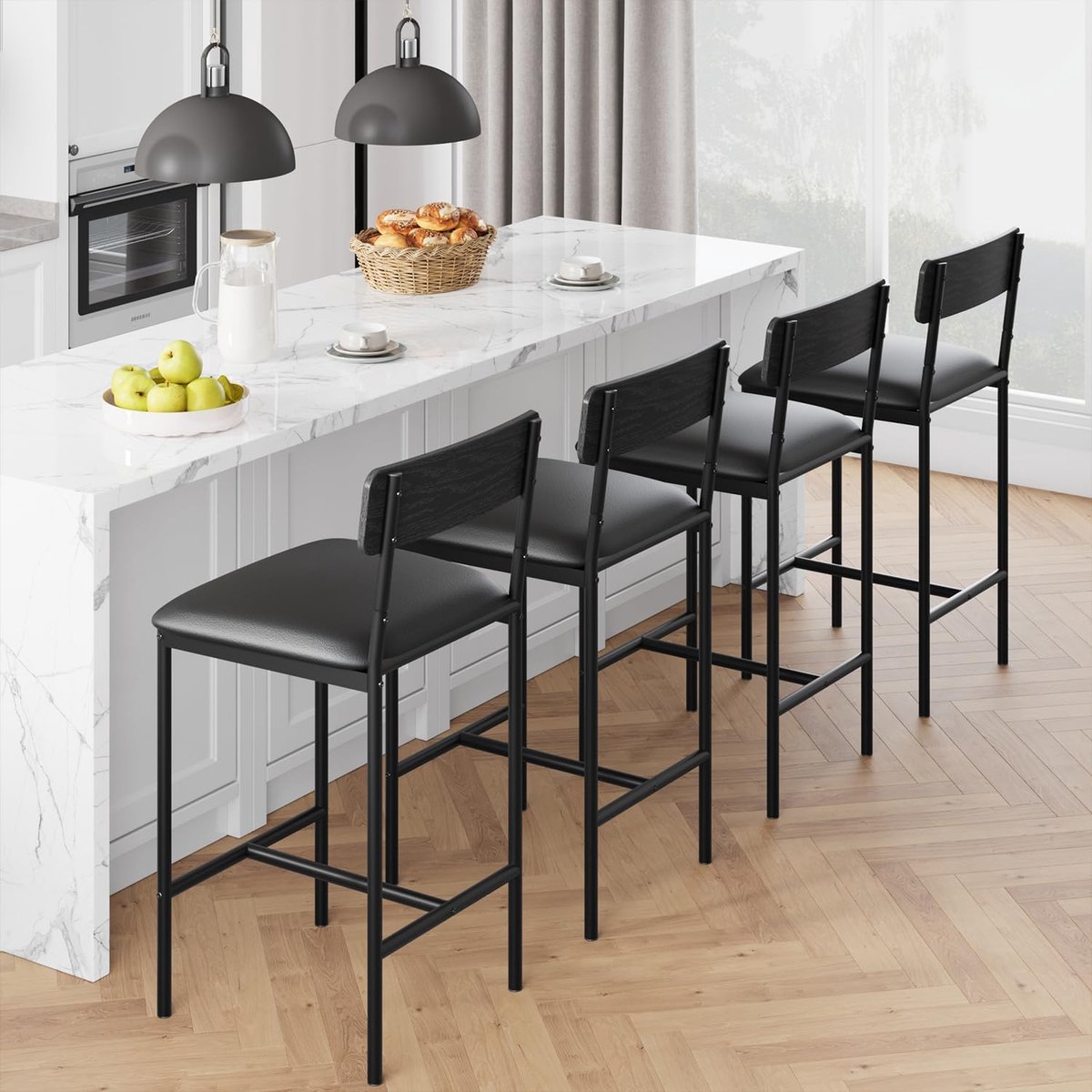 Set van 4 barstoelen, keukenbarstoelen met voetsteun, 64,8 cm hoge gestoffeerde stoelen met rugleuning, 4 barstoelen op aanrichthoogte voor bar en keukeneiland, eenvoudige montage