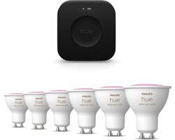 Philips Hue Starterspakket - GU10 - met 6 Spotjes - Wit en Gekleurd Licht - Incl. Hue Bridge Pro -…