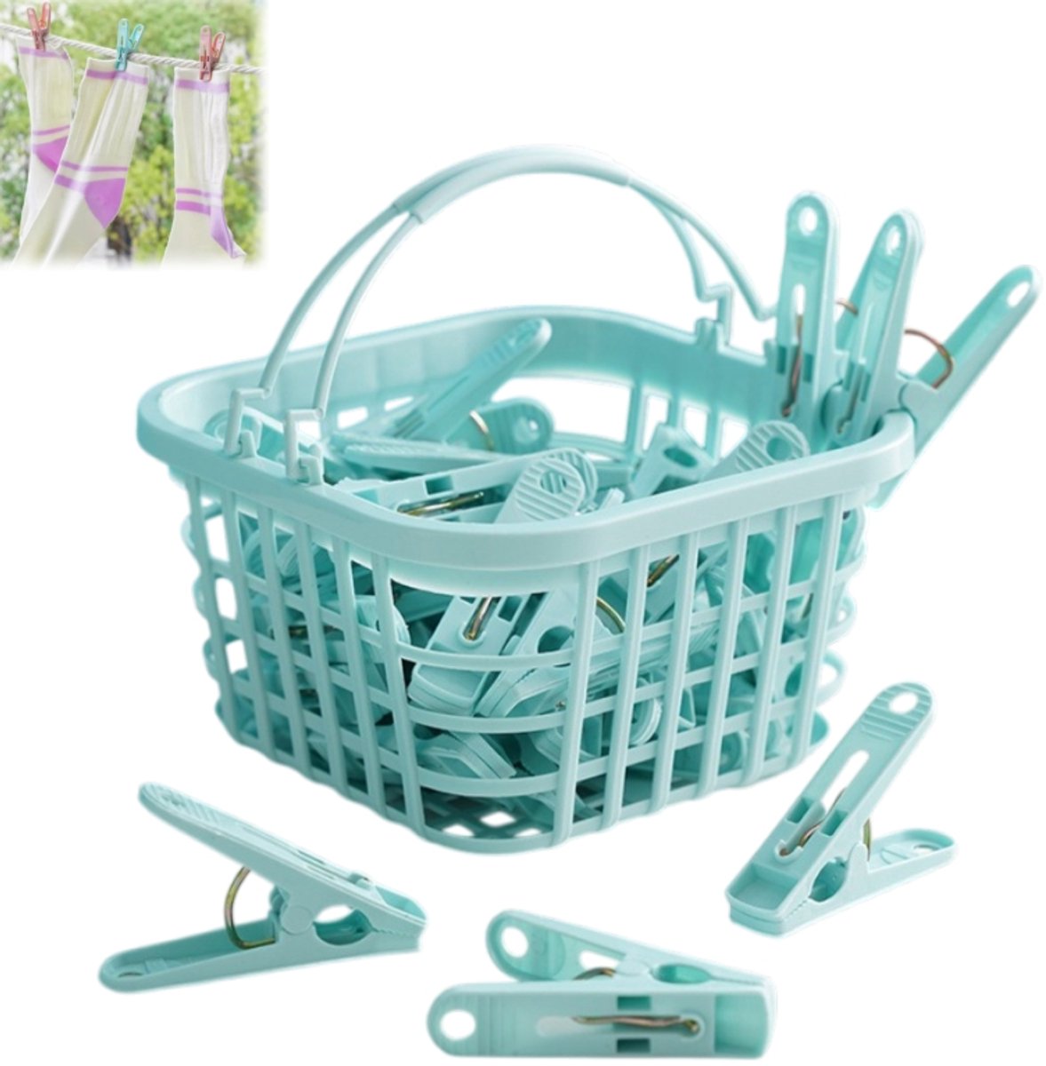 30 stuks-Wasknijpers - Sokkenclips - Droogclips - Clips - Met opbergmandje - Kledingaccessoires - Geschikt voor het drogen van handdoeken, sokken en ondergoed - blauw-Clips 5,2*1,2 cm - Mandje 9*9*6,5 cm