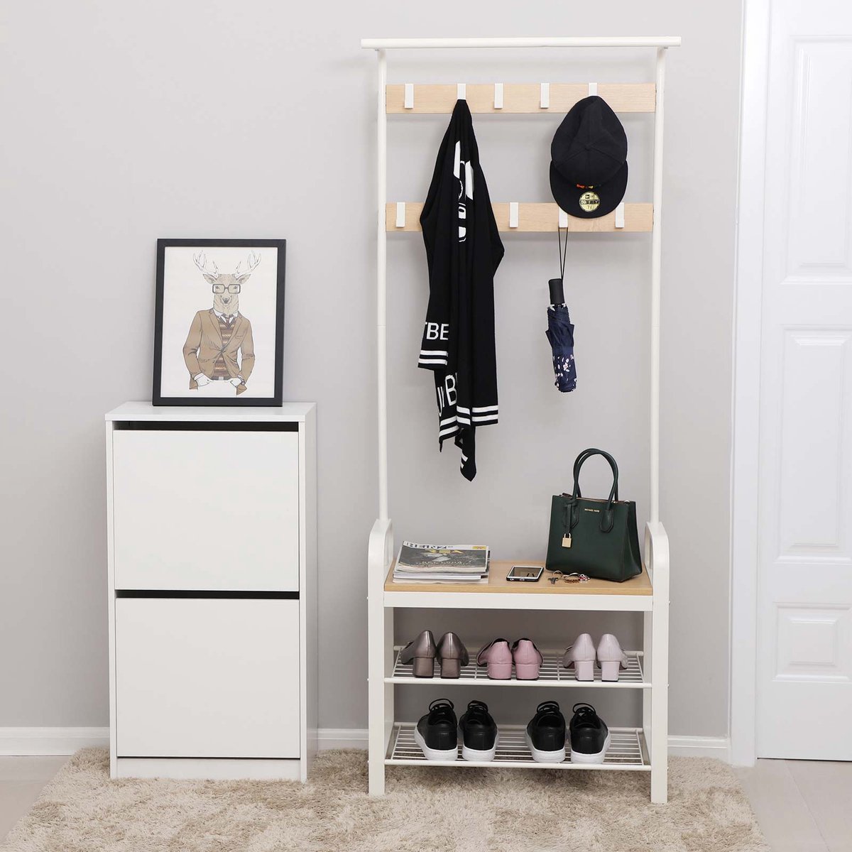 Conway Living® - Kapstok met Schoenenrek - Garderoberek met Zitbank - Hal Meubel - 4-in-1 Schoenenbank - Kledingrek met 9 Haken - Eiken & Crème - 183x72x34 cm