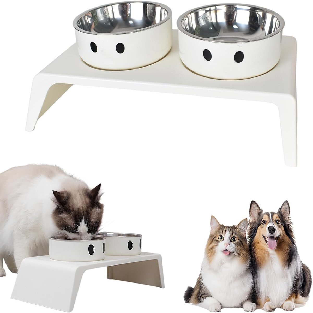 Dubbele Voerbak Voor Huisdieren Met Roestvrijstalen Schalen - Antislip Ergonomisch Ontwerp Roestvrij - Ideaal Voor Katten En Kleine Honden - Wit