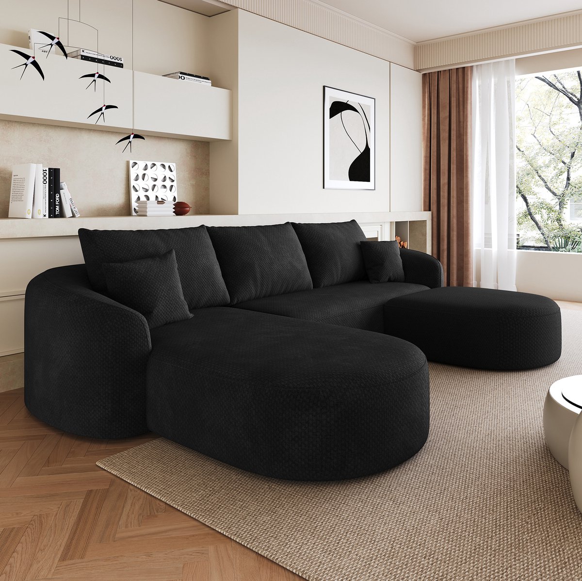 REDOM - U-bank - modulair - zonder montage - design - woonkamer slaapkamer appartement - stof - zwart - 266 x 168 x 85 cm