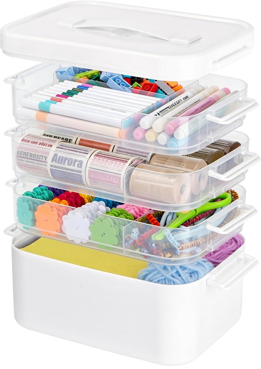 SnelShoppen - Multifunctionele opbergdoos met 4 etages, uitneembare dienbladen, stapelbaar, handvat, draagbaar voor medicijnen, naaien, kunst, handwer