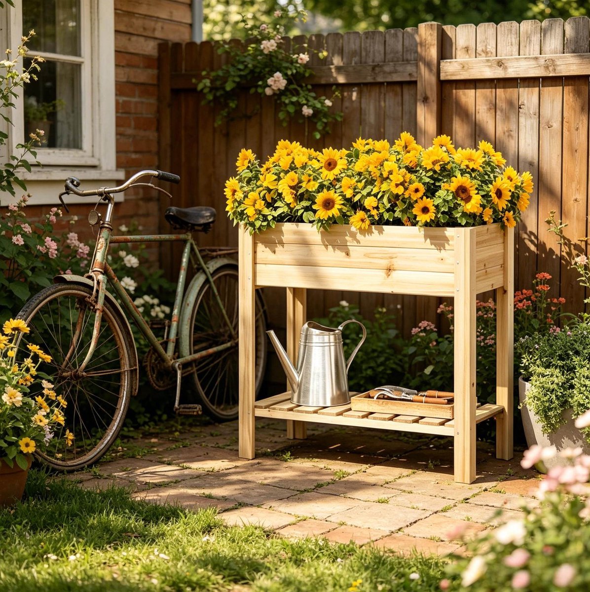 HAUSS SPOLE Moestuinbak – Verhoogd Met Opbergrek – 80 X 75 X 40 Cm – Dennenhout – Houtkleur – Voor Kruiden Bloemen En Groenten