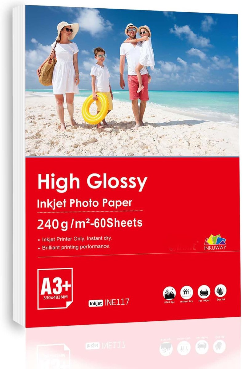 SnelShoppen - Inkuway 60 vellen A3 Plus A3+ 240 g/m² hoogglanzend premium inkjetfotopapier 13 x 19 inch voor creatieve projecten, fotografie en kunst