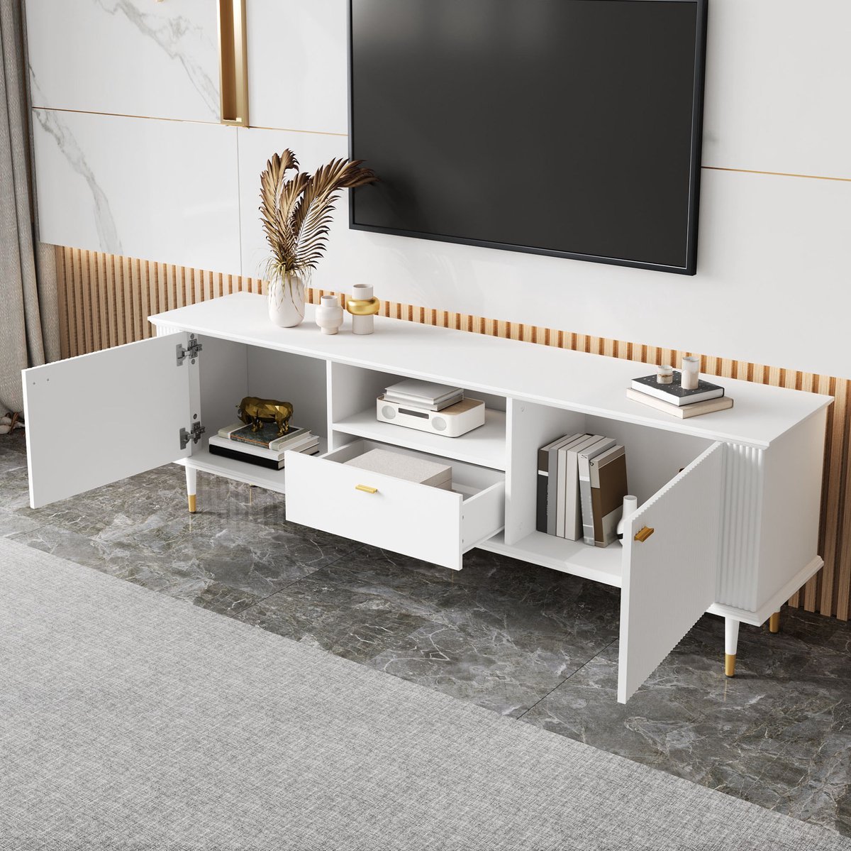 DESMIU Dressoir - TV-Meubel Met Deuren, Lade En Open Vak - Kabelopeningen En Soft-Close Voor Woonkamer - MDF - 170x36x54 Cm - Wit