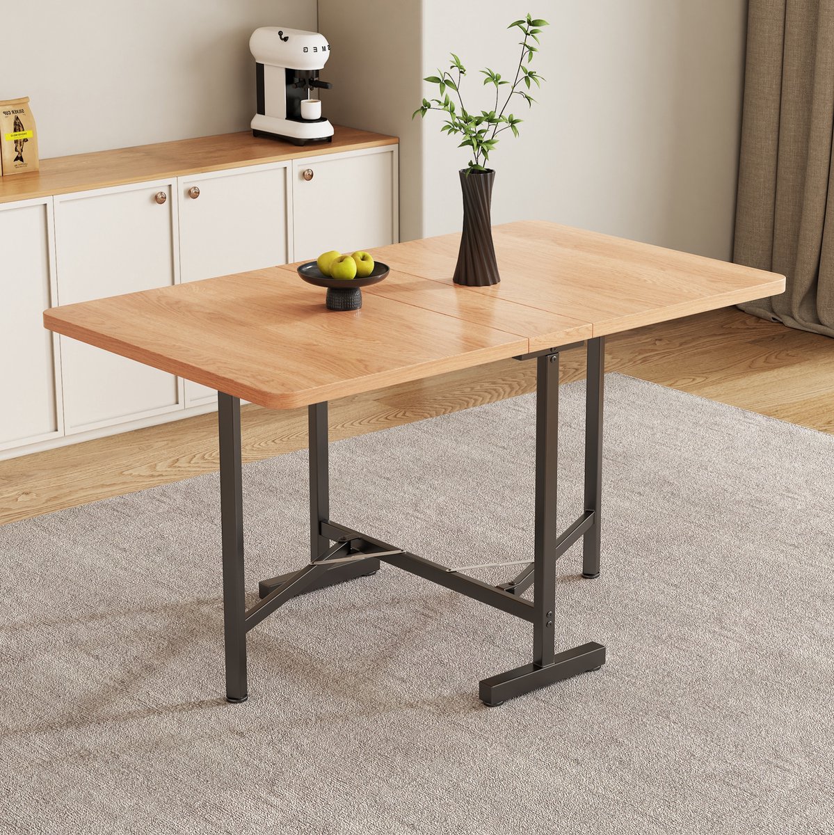 MEUNIQ uitschuifbare opklapbare eettafel 120 x 80 x 75 cm met rechthoekig tafelblad, metalen onderstel en eikenkleurige houtlook voor eetkamer of appartement