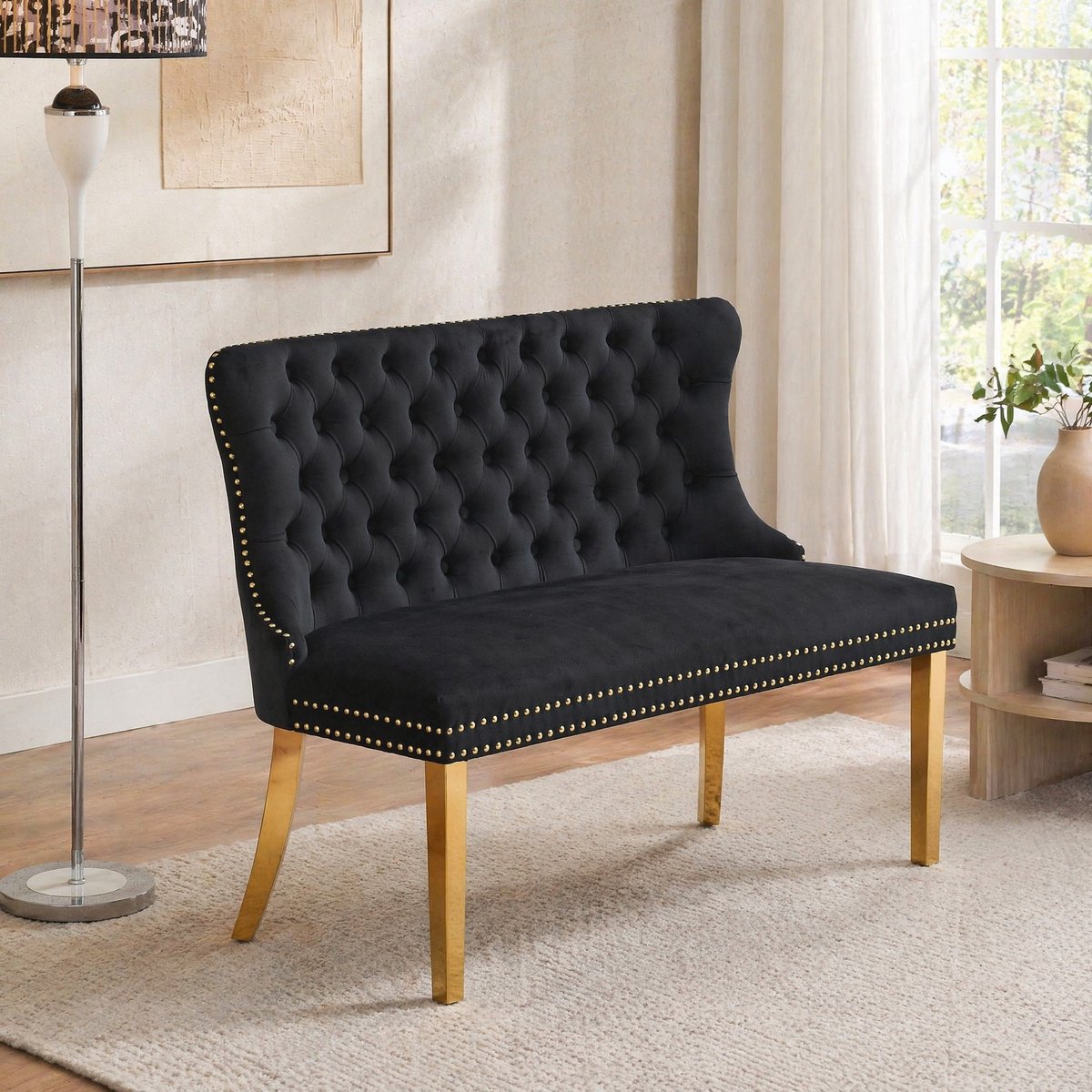 MEUNIQ zwart velvet eetkamerbank 2-zits met hoge wing back, gewatteerde rugleuning, gouden