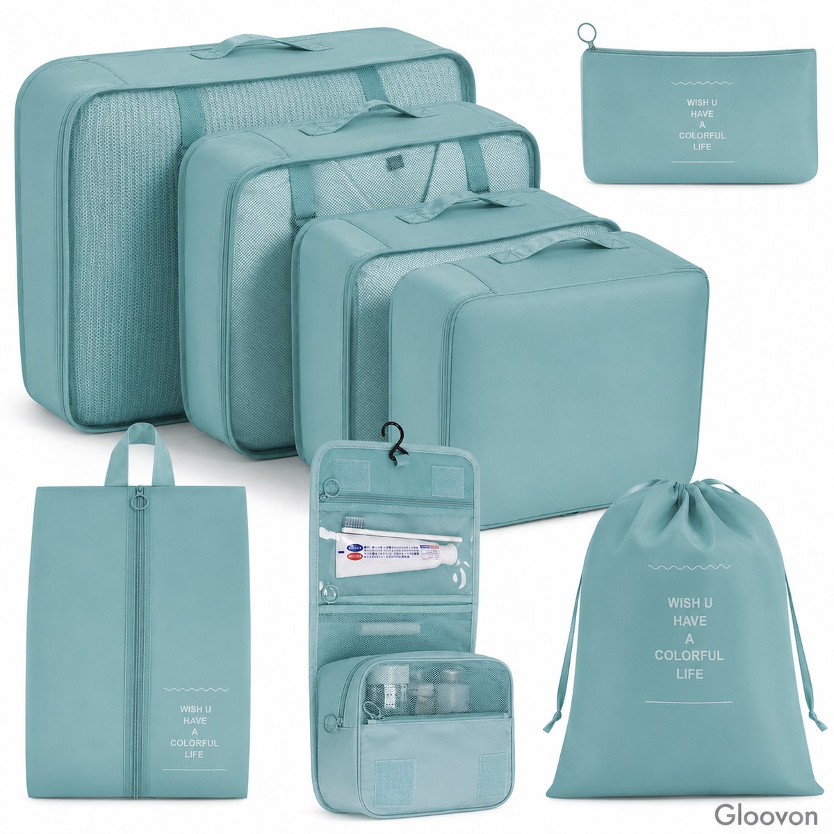 Gloovon® Packing Cubes - Koffer Organizer Set 8-delig - Bagage Organizer - Inclusief Hangende Toilettas & Schoenentas -Turquoise
