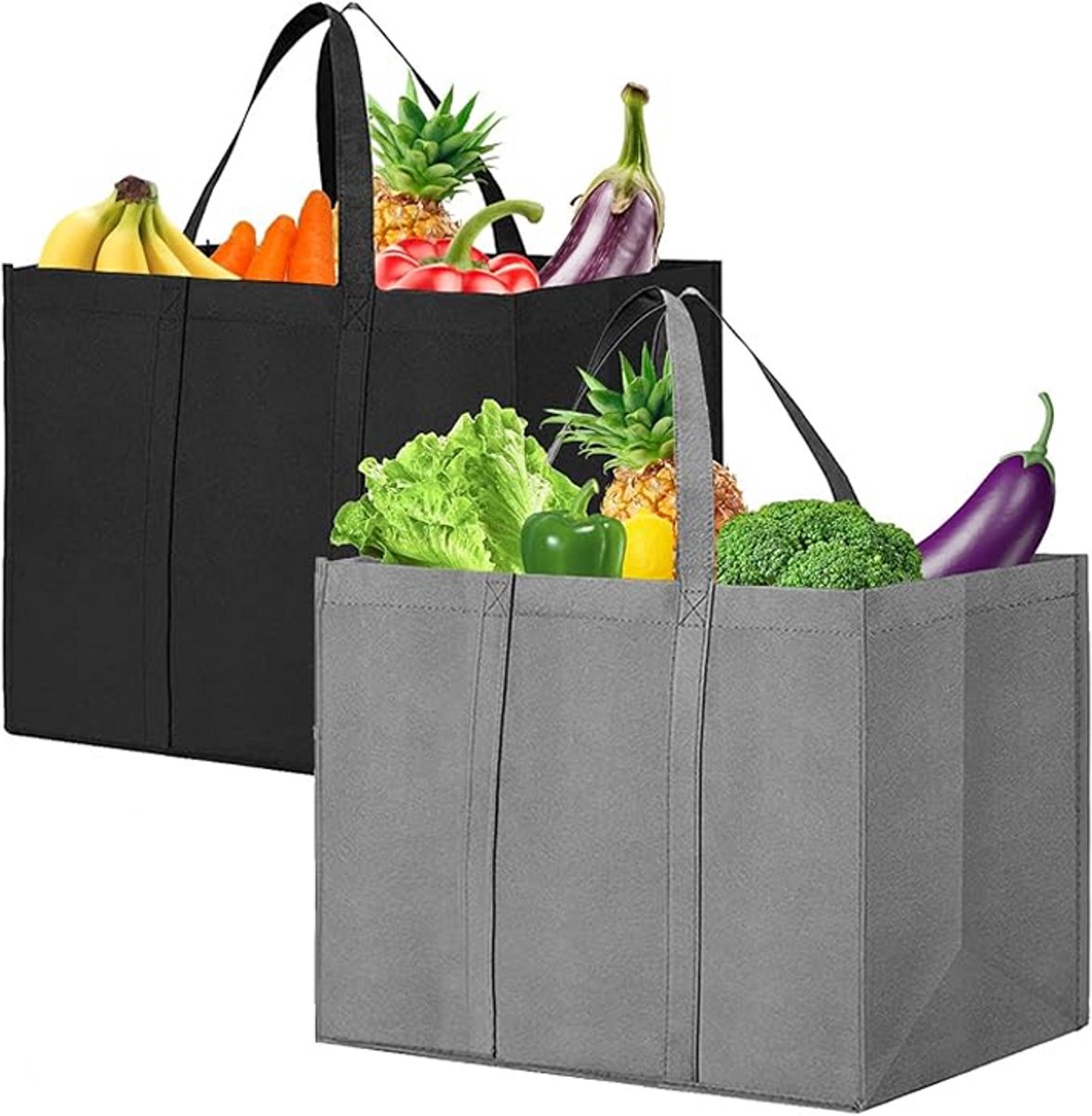 Set van 2 - Boodschappentassen - Non-woven boodschappentassen - Opbergtassen - Picknicktassen - Opvouwbaar - Sterk draagvermogen - Grote capaciteit - Geschikt voor boodschappen, picknicks en opbergen - 41*25*33 cm - Zwart+Grijs
