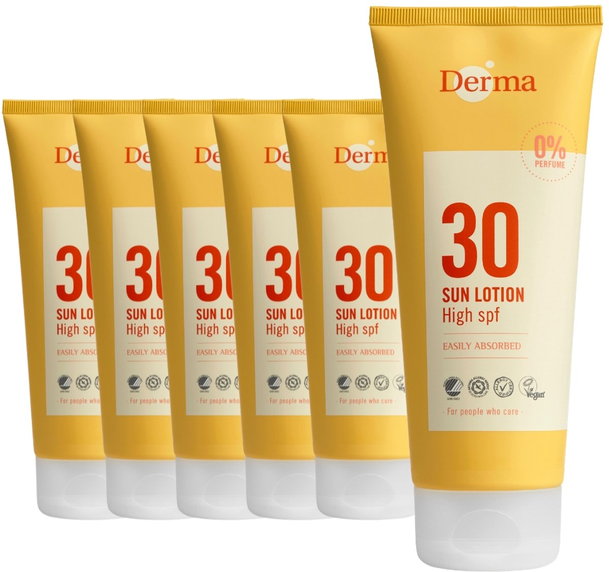 Derma Sun - Zonnebrand SPF30 6 x 200 ml - Waterbestendig - UVA en UVB Bescherming - Parfumvrij - AllergyCertified - met Aloe Vera, Glycerine en Vitamine E