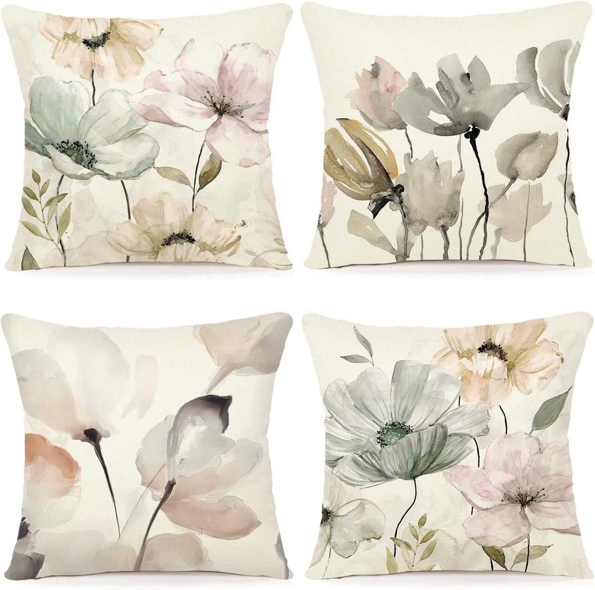 SnelShoppen - Kussensloop set van 4, 45 x 45 cm, bloemenpatroon, linnen kussenhoezen voor buiten, sierkussens voor bank, woonkamer, tuin, aquarelschil