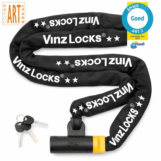 Zwart Vinz Locks kettingslot (200 cm) met ART 2 keurmerk, twee sleutels en gele details. Met "Vinz Locks" logo's en sterren.