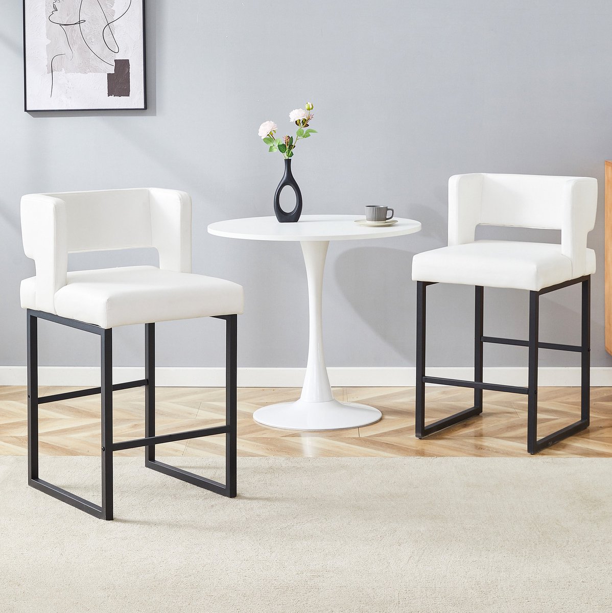 MEUNIQ barkruk set van 2, 91,4 cm, met rugleuning en armleuningen, wit zitvlak met zwart metalen frame, voor bar en keukenbar White+Black