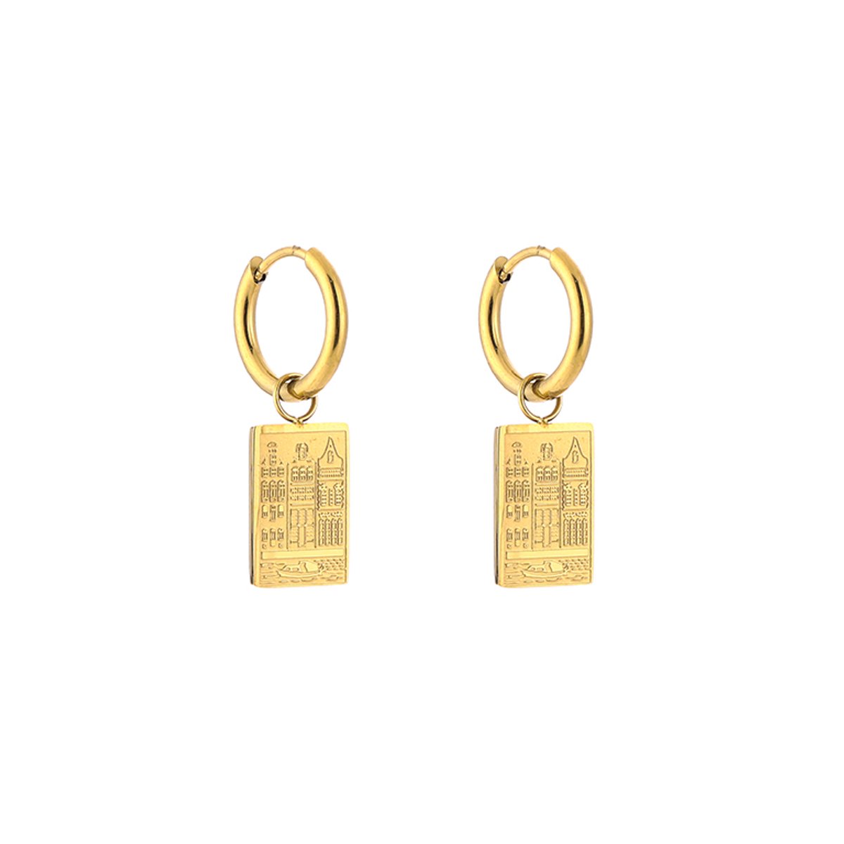 Stainless Steel Canal House Charm Hoops – Luxe Grachtenpandjes Oorringen – RVS - Goud