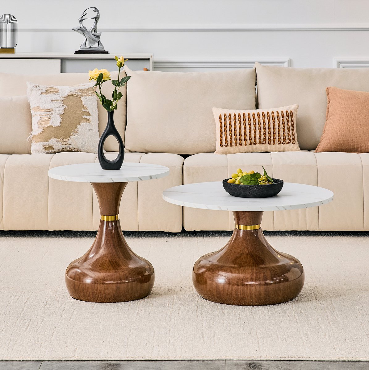 REDOM - Salontafel set van 2 - Ronde vorm - Marmerlook tafelblad - Sanduhronderstel - Modern design - Metaal - Wit en walnoot - Ø70 cm en Ø50 cm