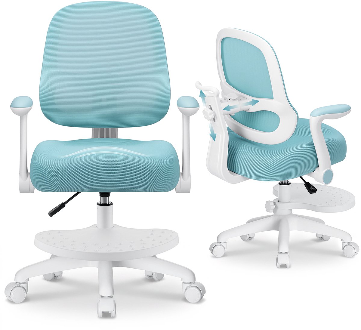 HOFFREE Ergonomische Kinderbureaustoel Blauw - Verstelbare Rugleuning, Zadelzitting, Opklapbare Armleuningen, Voetensteun, Vergrendelbare Wielen, 360° Draaibaar - Mesh - Voor Kinderen 5-13 Jaar