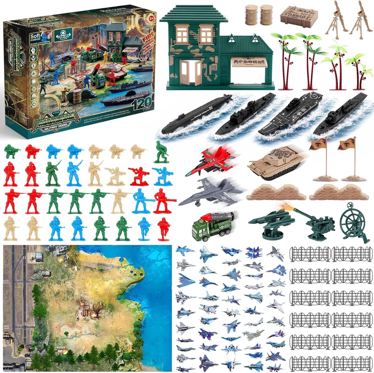 120-delige Speelset met Militaire Soldaten, Tanks, Vliegtuigen, Vlaggen en Speelmat - Perfect Cadeau voor Jongens met Vechtaccessoires en Legerspeelgoed