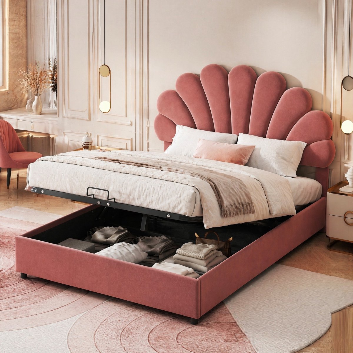 COVREO Bed 140x200 cm roze, fluweel, opbergruimte, zonder matras