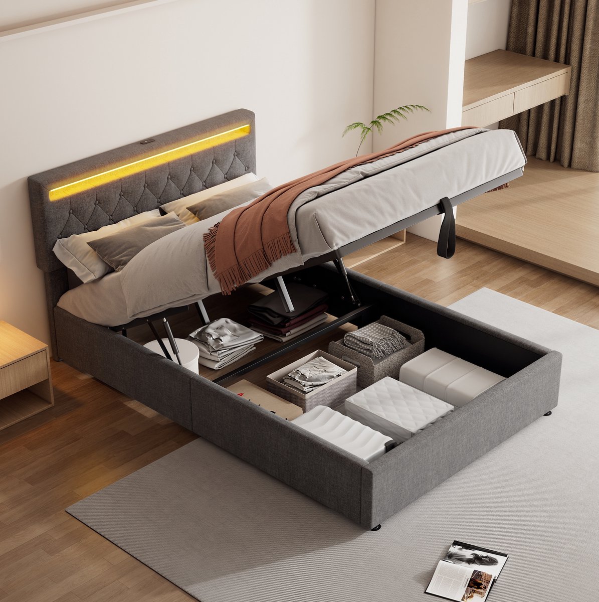 COVREO Bed 140x200 cm grijs stof met opbergruimte zonder matras