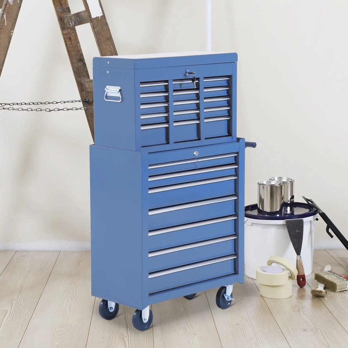 REDOM - Gereedschapskar - 16 lades - met slot en 2 sleutels - met wielen - met handgreep - staal - Blauw - 113 x 61,5 x 33 cm