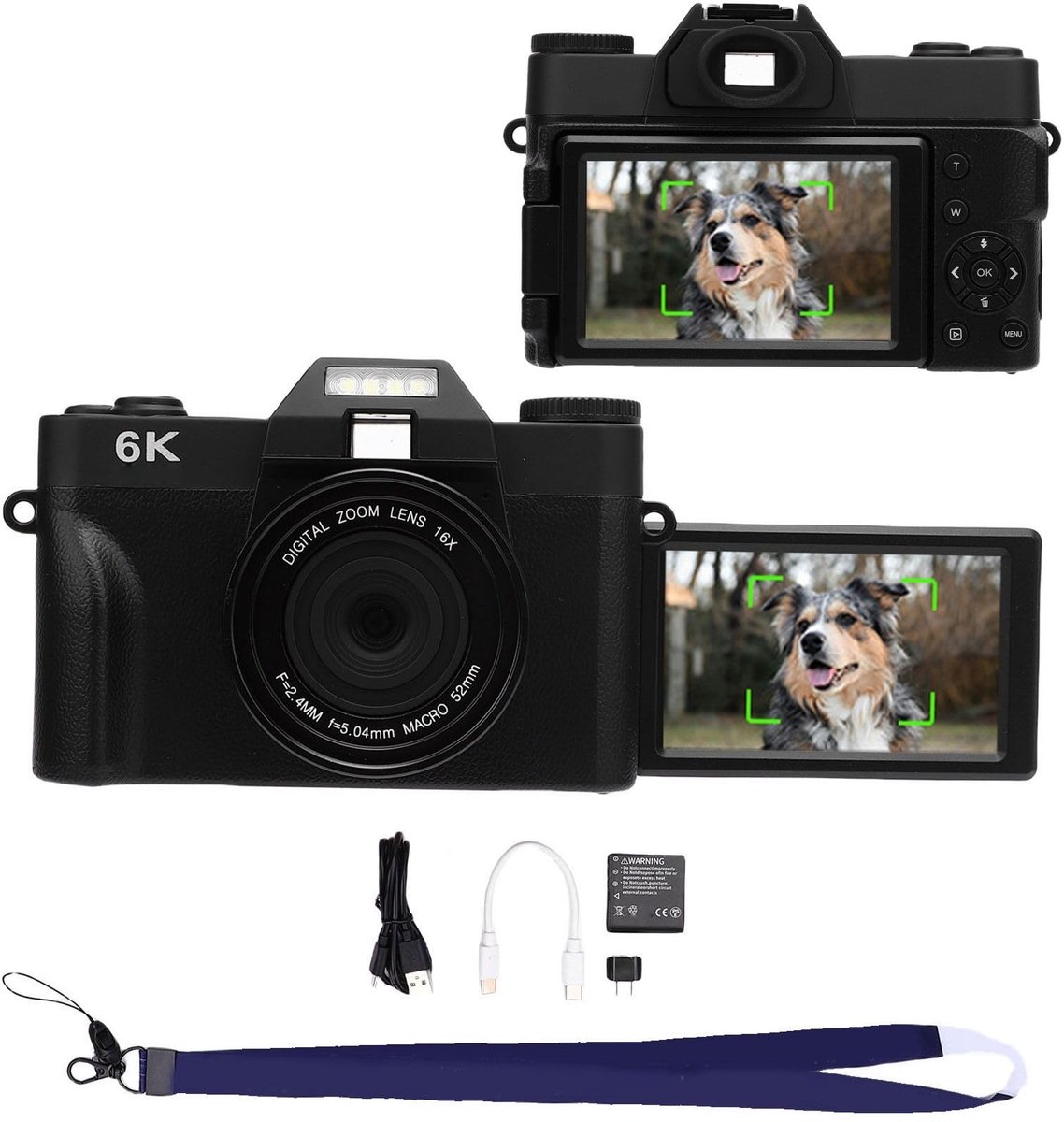 SnelShoppen - Digitale camera 6K 64 MP met wifi, HD-vlogging-camera met autofocus, 16-voudige zoom, 180 graden inklapbaar display, 7,6 cm (3 inch), se